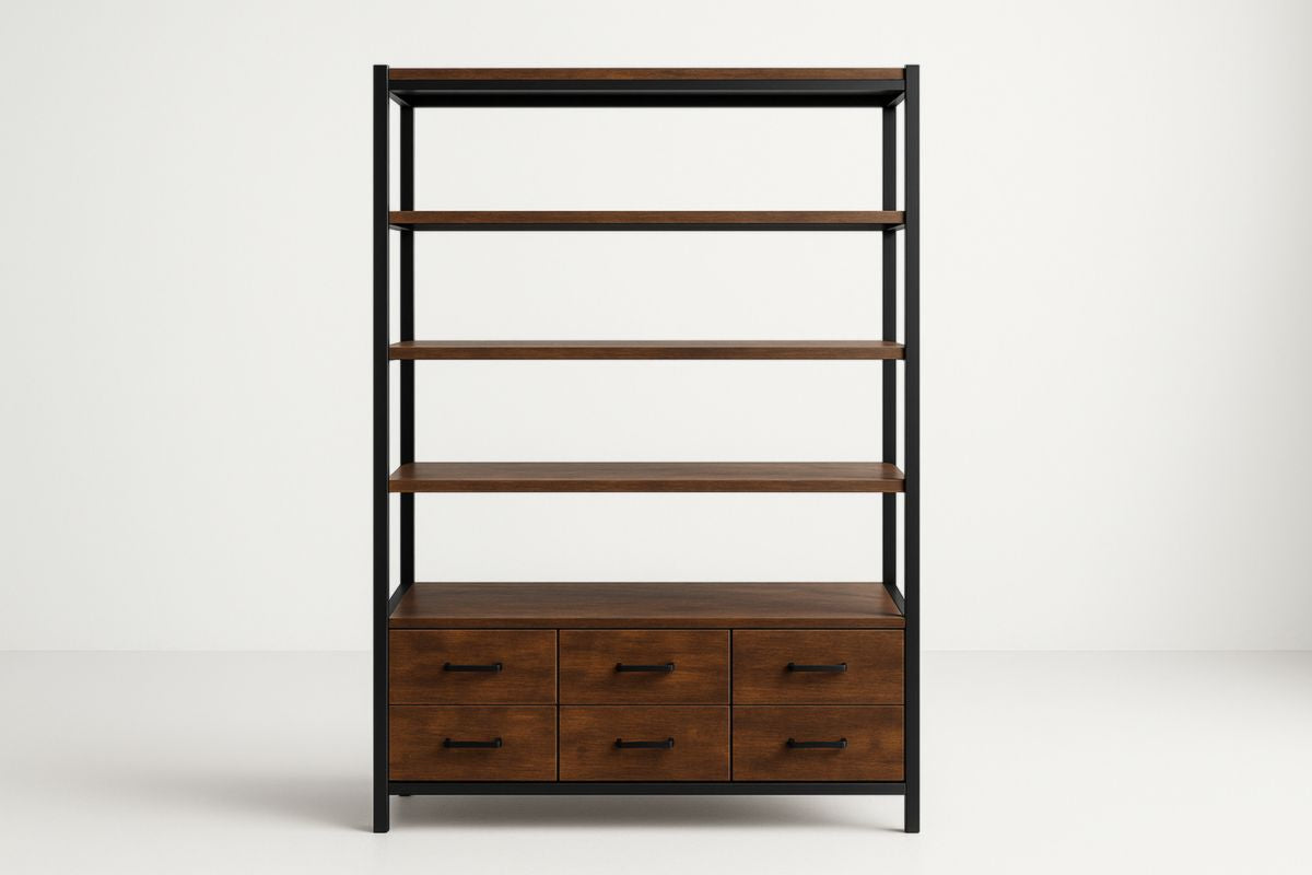 Walnut Wood And Black Metal Sturdy Shelf With Drawers For Living Room 180x100x40 cm