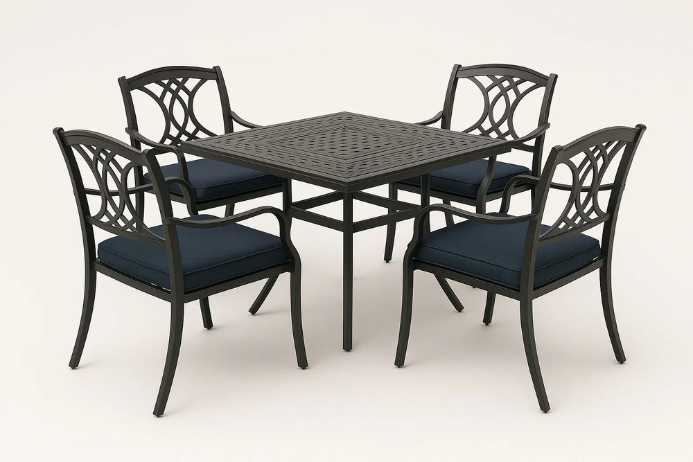 Unbranded Black Metal Square Dining Table Set With Four Chairs And Blue Cushions For Indoor Use