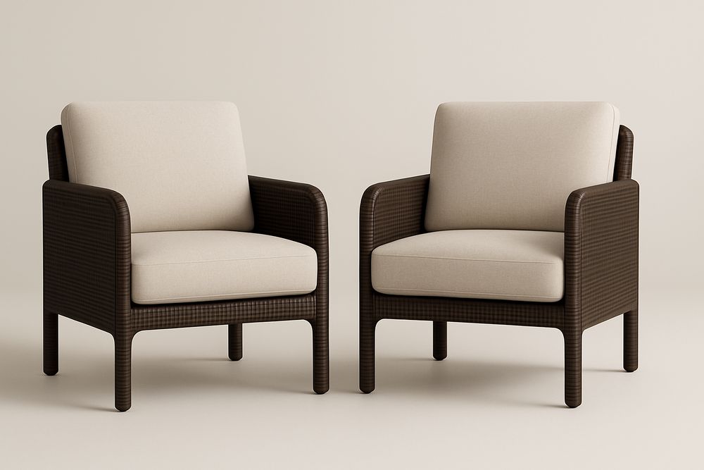 Two Synthetic Rattan Armchairs Set With Beige And Brown Cushions For Patio 75x70x80 Cm