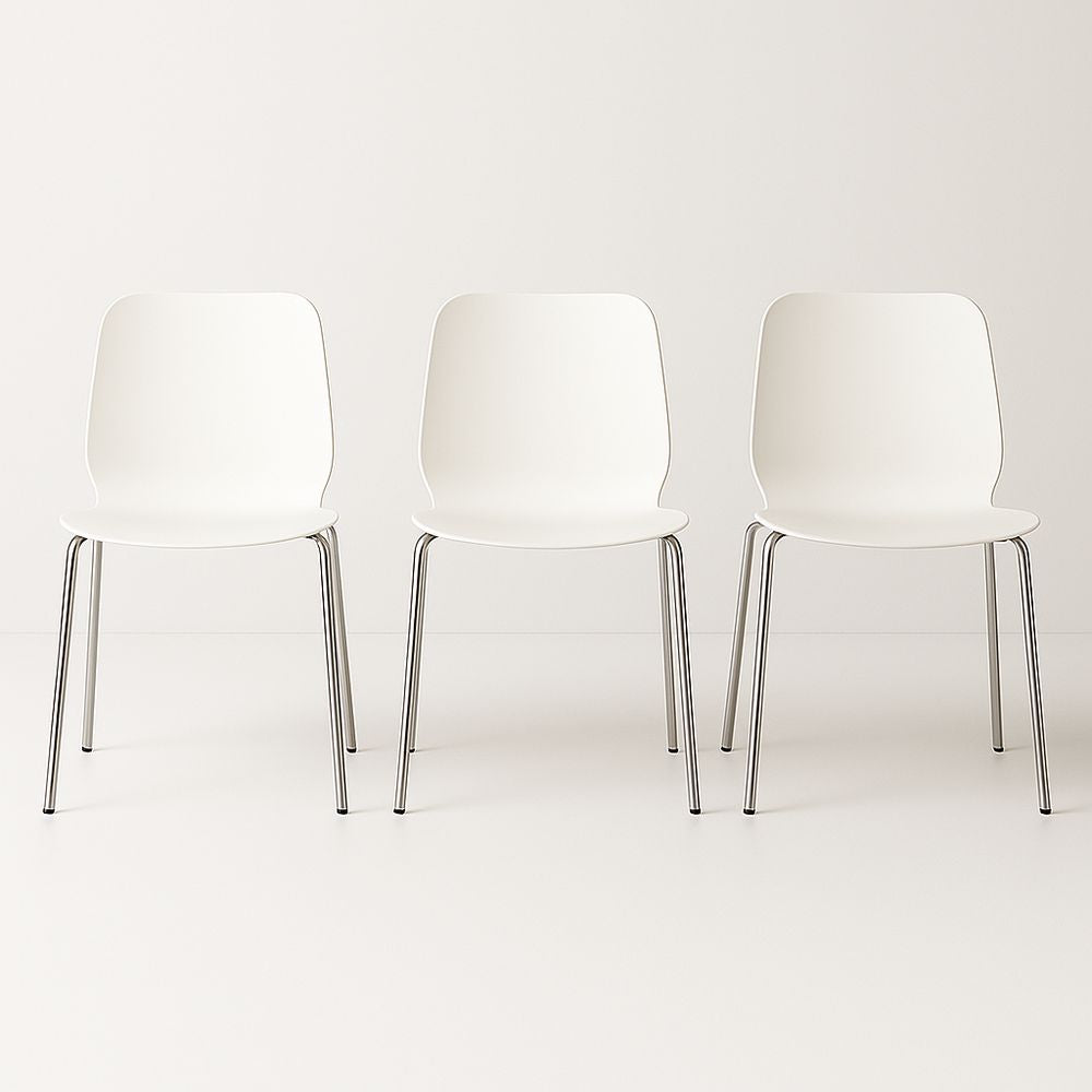 White Plastic Chairs 81 Centimeter Chrome Legs Set Of 3