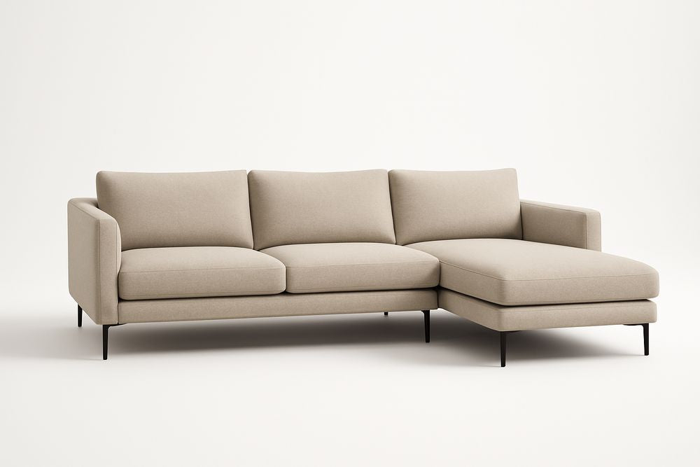Beige Fabric And Metal Corner Sofa With Solid Wood Frame And High Density Foam Cushions 230 Cm Long 150 Cm Deep