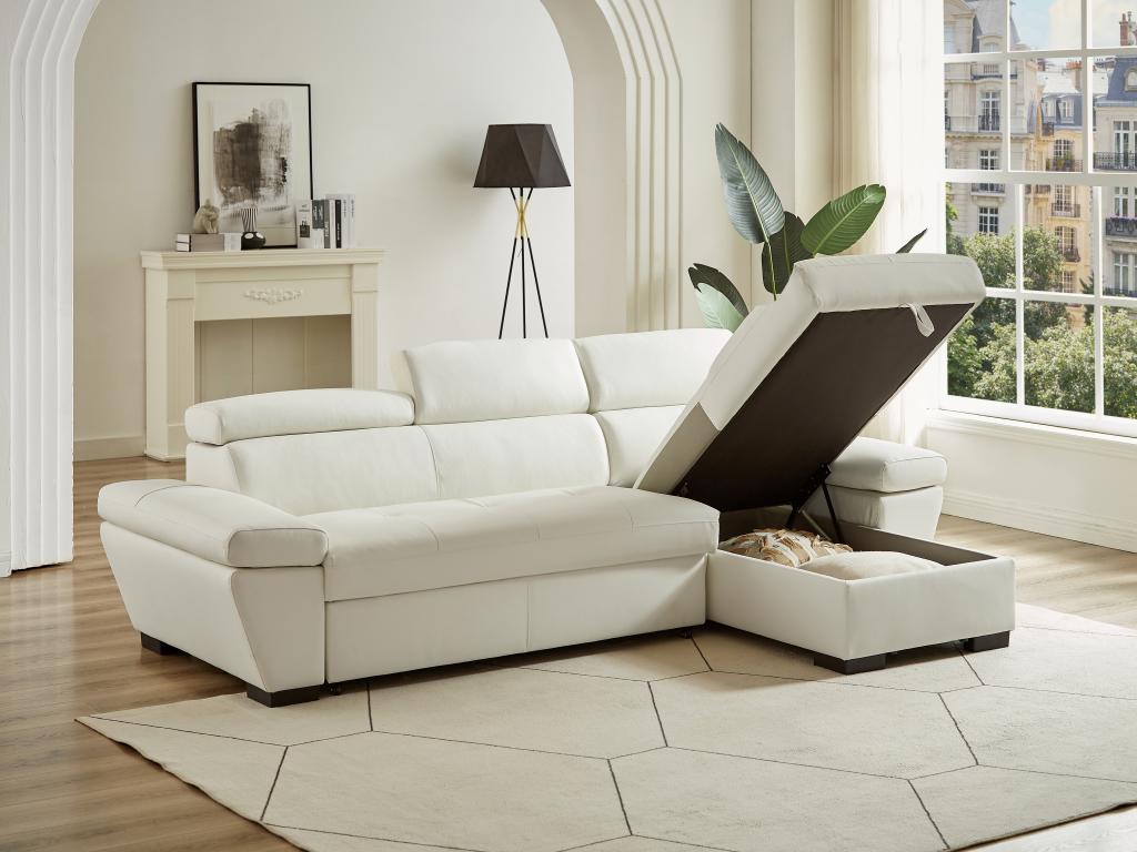Zenmobilier Leather Convertible Corner Sofa Bed White With Storage And Cowhide Upholstery Right Angle