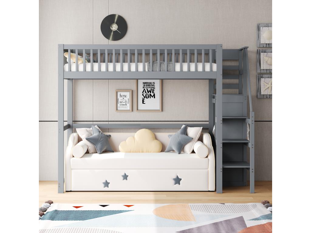 Wooden Loft Bed 90x200 Cm With Built In Wardrobe Gray Finish For Small Rooms And Modern Decor