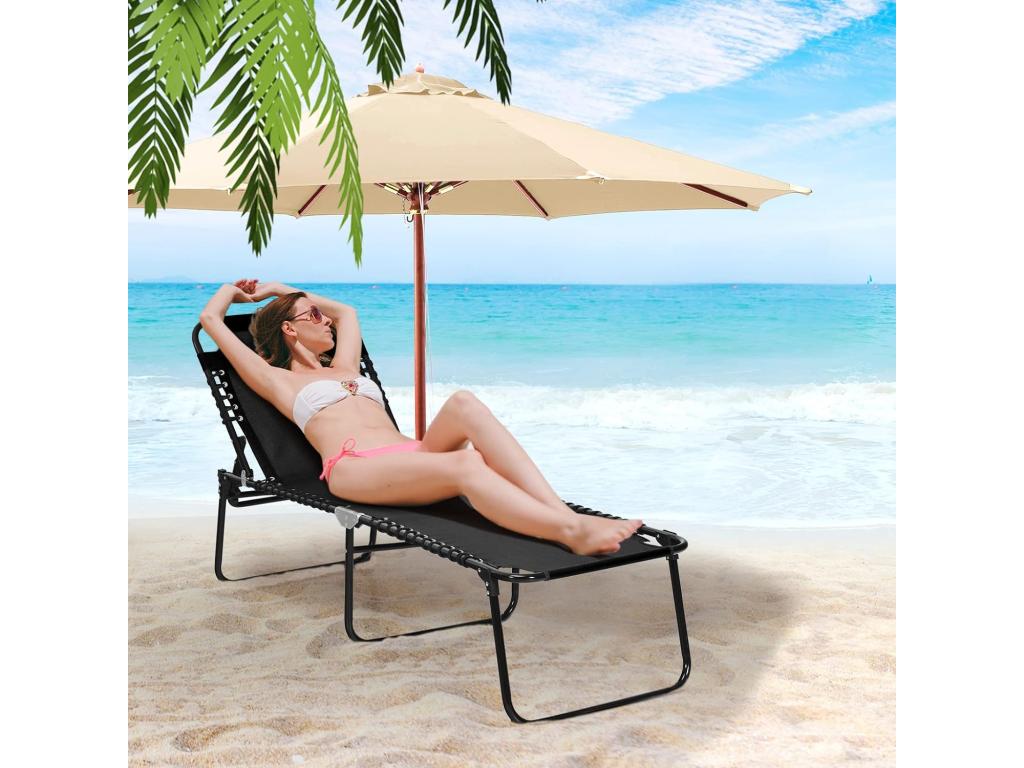 Outdoor Folding Chaise Lounge With Removable Headrest 4Position Backrest Rust Resistant Steel Frame Vinyl Upholstery