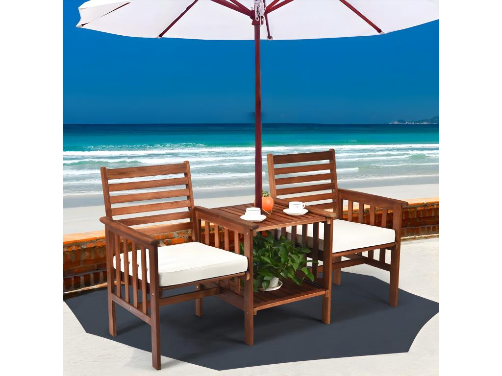 2-Person Outdoor Brown Metal Garden Set With Parasol Hole And Table 160 Kg Capacity