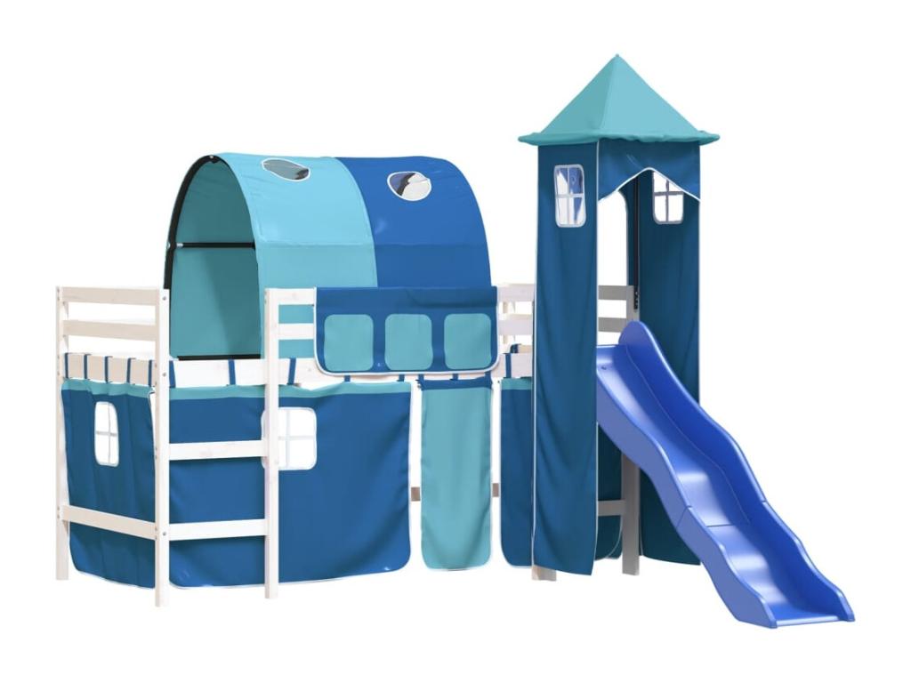 Blue Pine Mezzanine Loft Bed With Tower For Kids 80x200 Cm Solid Wood Space Saving Bedroom Furniture