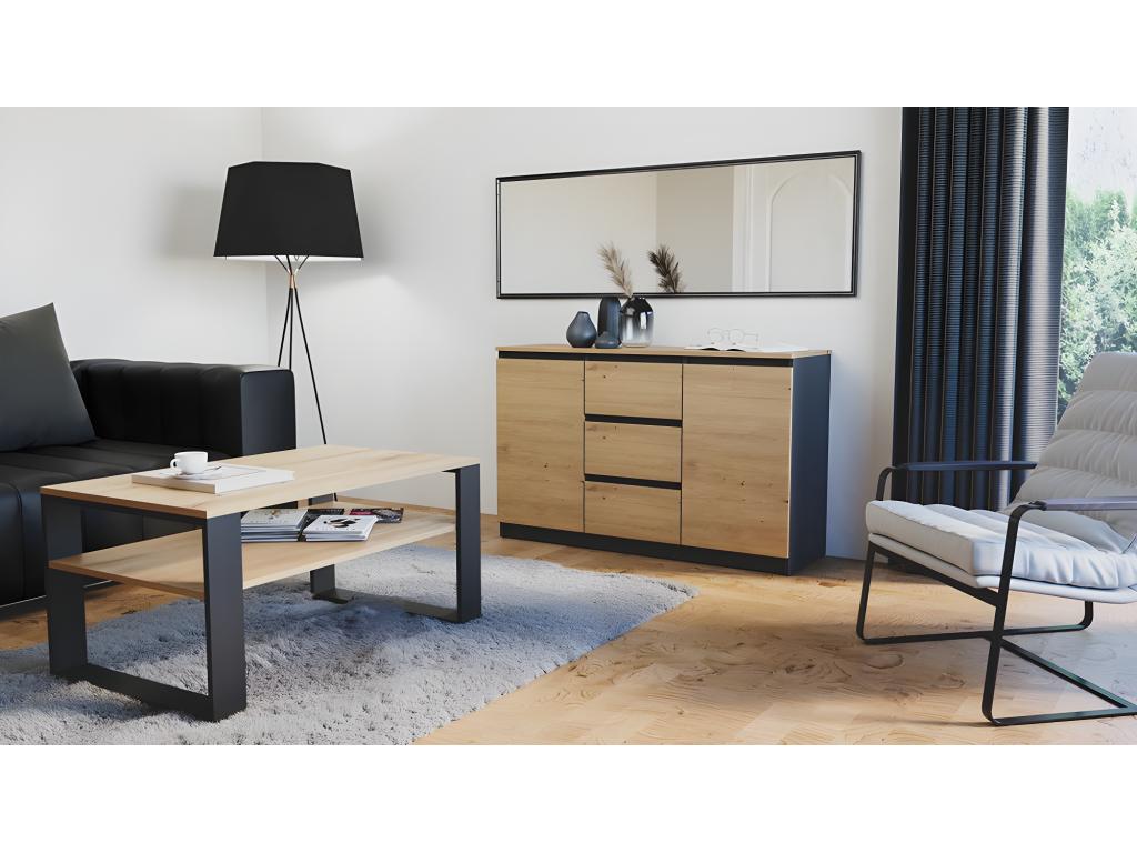 Homeolia Two Door Three Drawer Storage Cabinet 75x120x40 cm Multicolor Finish Wood Panels