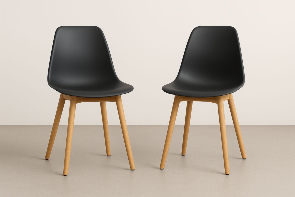 Black Plastic Chairs With Beech Wood Legs Set Of 2, 82cm High Modern Dining Chairs