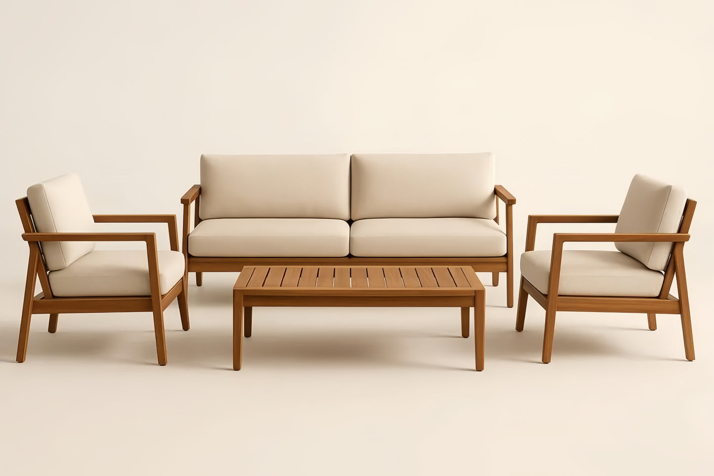 Outdoor Acacia Wood Lounge Set Beige Cushions With Table One Double Sofa And Two Armchairs