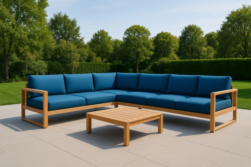 Oak Wood Outdoor Lounge Set With Blue Cushions Solid Frame And Table For Garden Patio