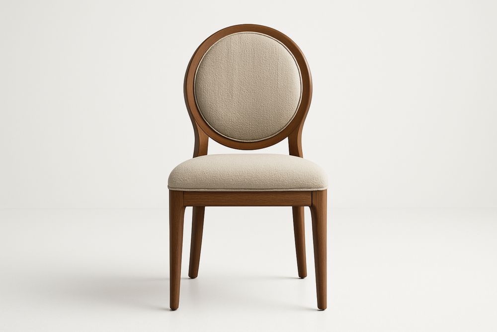 Oak Wood Dining Chair With Beige Polyester Upholstery For Seat And Back Solid Wood Frame