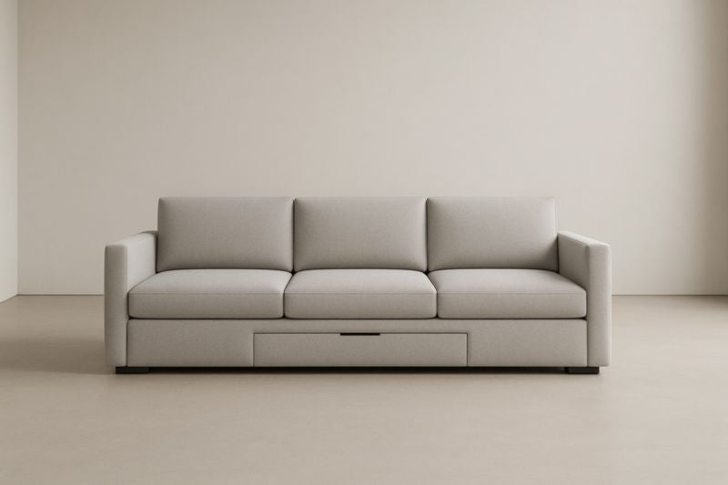 Three Seat Beige Polyester Fabric Sofa With Built In Storage And Oak Frame With Durable Polyurethane Foam Cushions