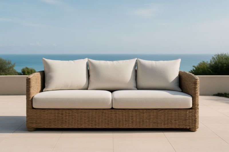 Outdoor Wicker Sofa With Beige Cushions Durable Polyethylene Wicker On Steel Frame