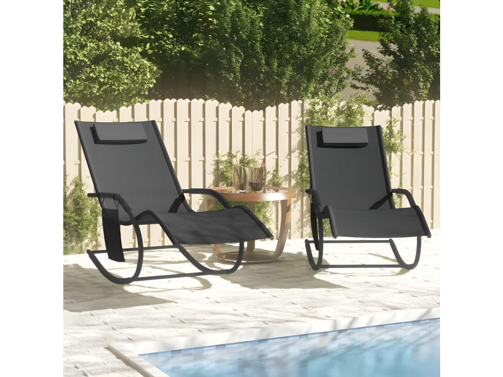 Outdoor Rocking Lounge Chairs Set Of 2 Black Steel Textilene Seats Weather Resistant