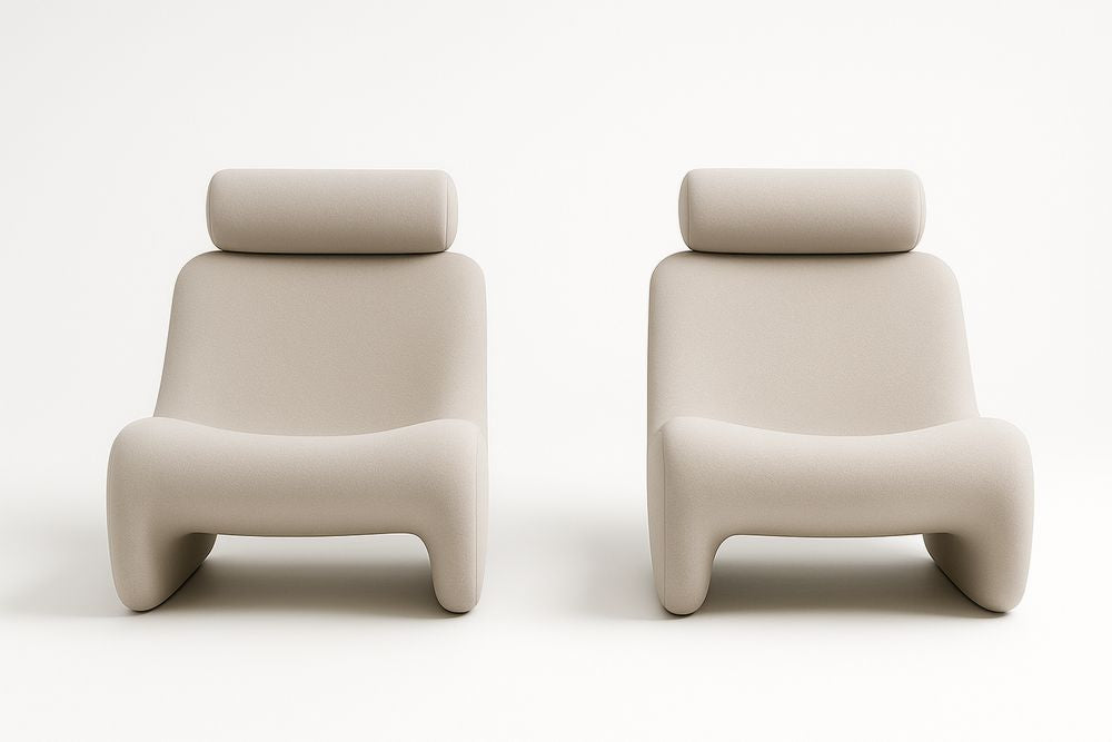 Set Of Two Chairs With Solid Wood Frame Beige Polyester Upholstery And Integrated Headrests