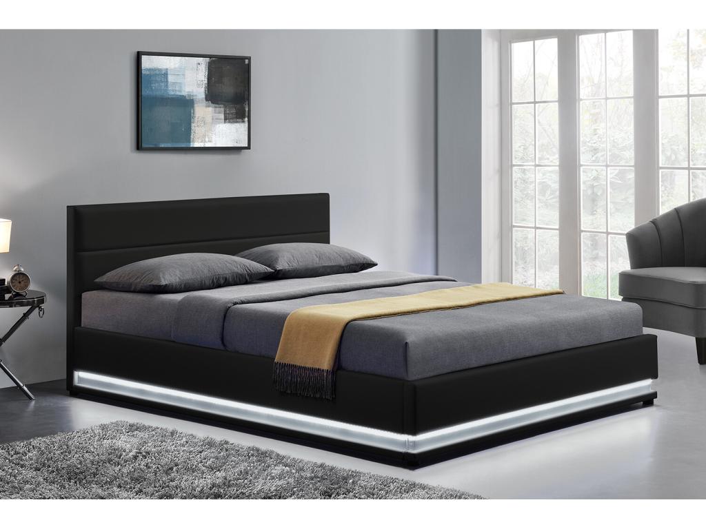 Logisbelle Black PU Bed Frame With Integrated Storage And Led Lighting 140x190 Cm
