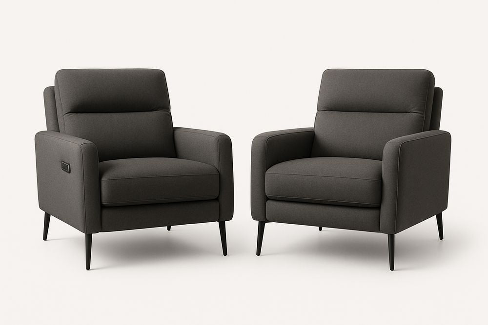 Two Dark Gray Polyester Fabric Lounge Chairs Set With Painted Stainless Steel Legs For Modern Interiors