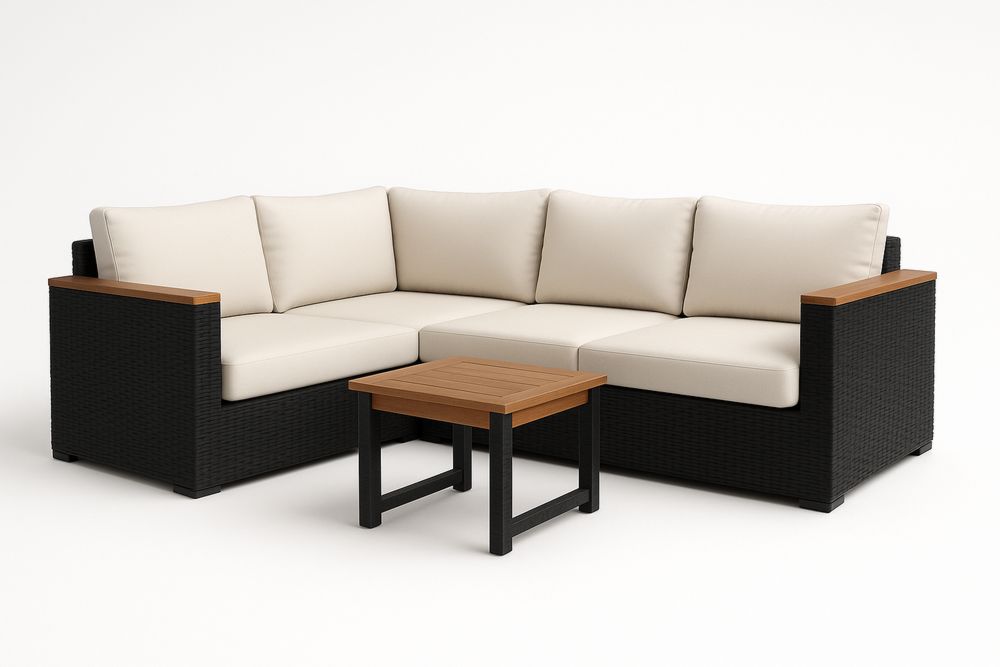 L Shaped Corner Sofa With Woven Resin Frame And Solid Wood Surface Beige Cushions