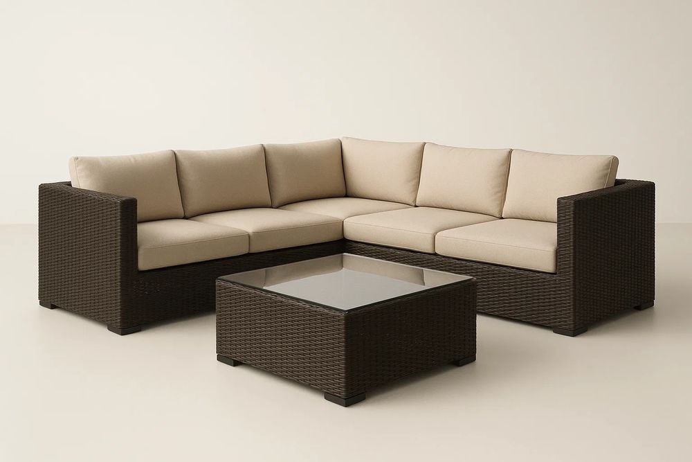 Brown Beige Resin Wicker Outdoor Corner Sofa Set With Tempered Glass Table And Cushions