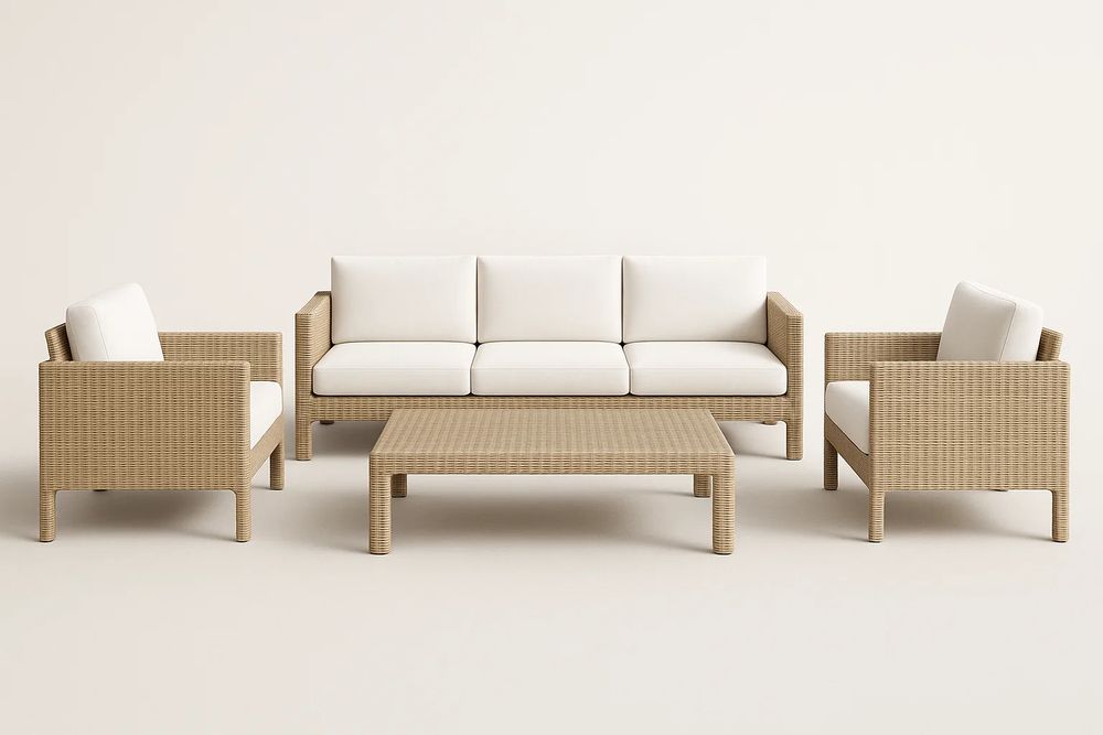 Resin Wicker Patio Set Beige With White Cushions