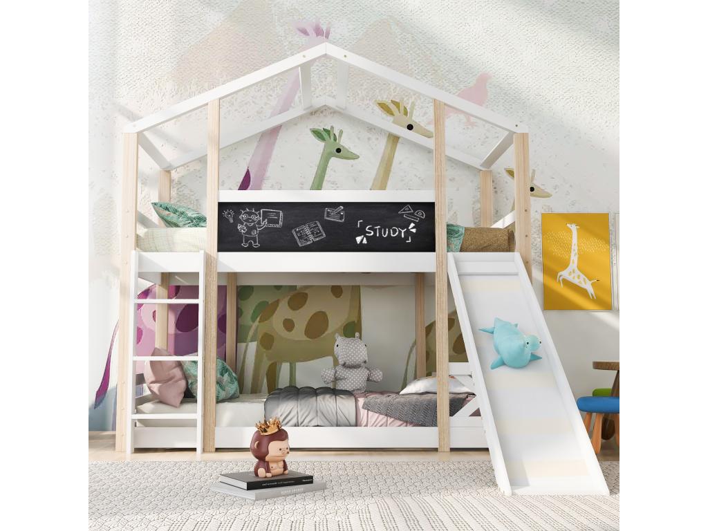Good For Planet Cabin Bunk Bed 90x200 cm White Pine Frame With Ladder And Slide Sleeps Two