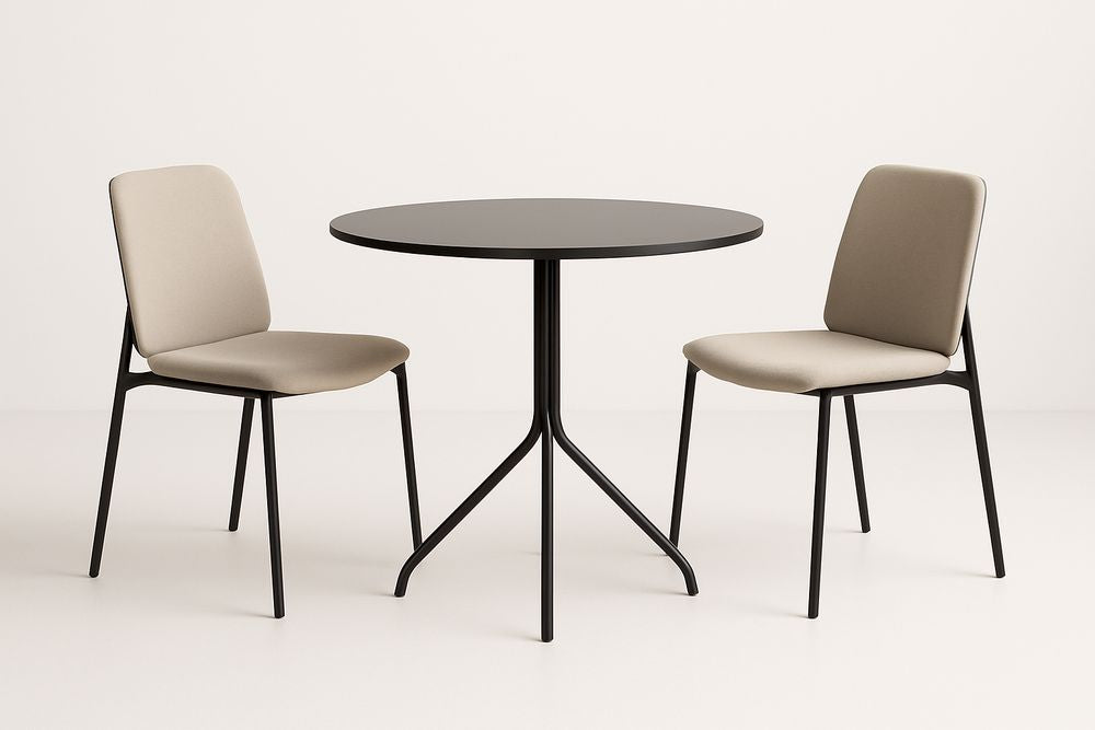 Unbranded Black Steel Round Dining Table With Two Beige Fabric Chairs For Small Kitchens