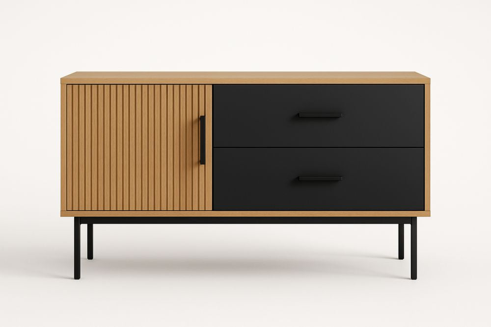 Oak Veneer Storage Cabinet With Black Steel Frame 1 Door And 2 Drawers For Contemporary Living Room