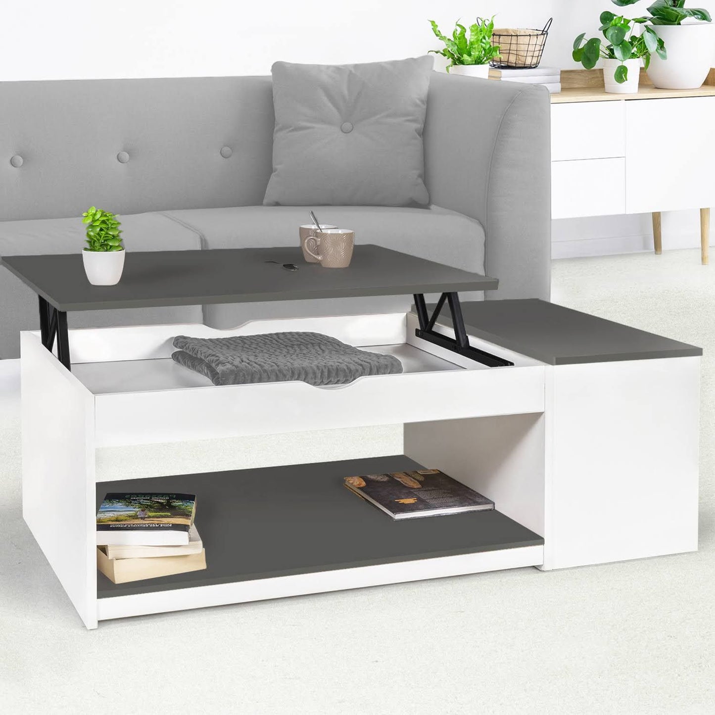 Rectangular Lift Top Coffee Table With Storage White and Gray Two Tone