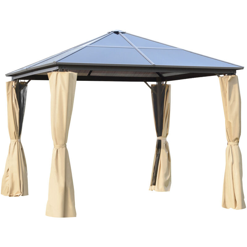 Beige Aluminum Garden Pavilion With Rigid Polycarbonate Roof 2.94m Length 2.94m Width 2.67m Height Four Side Panels