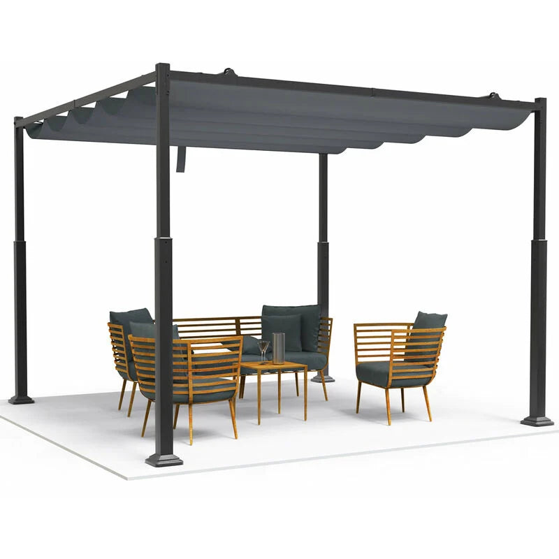 Retractable 3x3m Metal Pergola With Gray 180 G Per M2 Polyester Canopy For Outdoor Patio And Garden