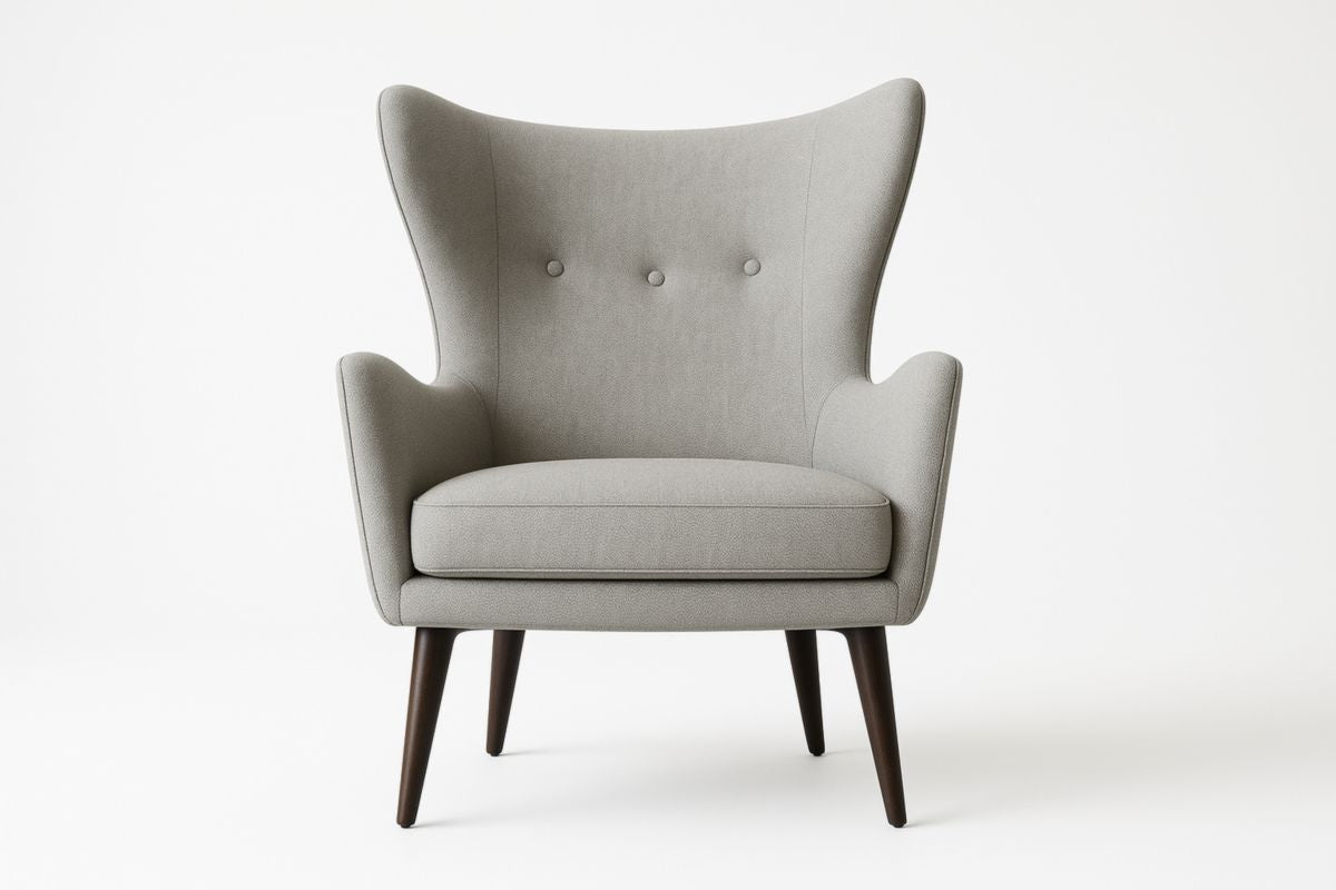 Gray Fabric Armchair With Solid Oak Legs Button Tufted High Back Durable Polyester