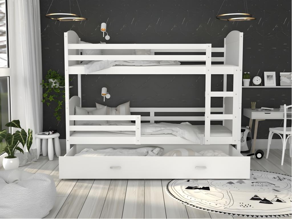White Bunk Bed 80x160 Cm With Slats, Drawer, And 7 Cm Foam Mattress Included