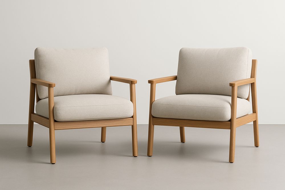 Set Of Two Light Oak Wood Armchairs With Beige Polyester Upholstery Polyurethane Foam Cushions