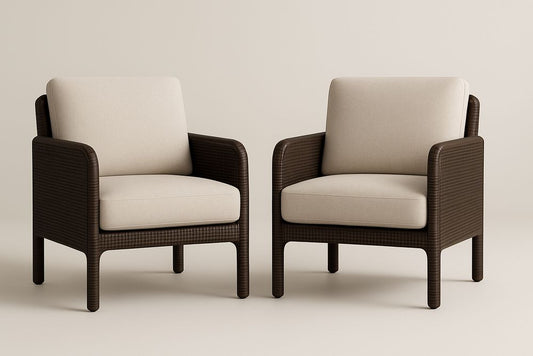 Two Synthetic Rattan Armchairs Set With Beige And Brown Cushions For Patio 75x70x80 Cm