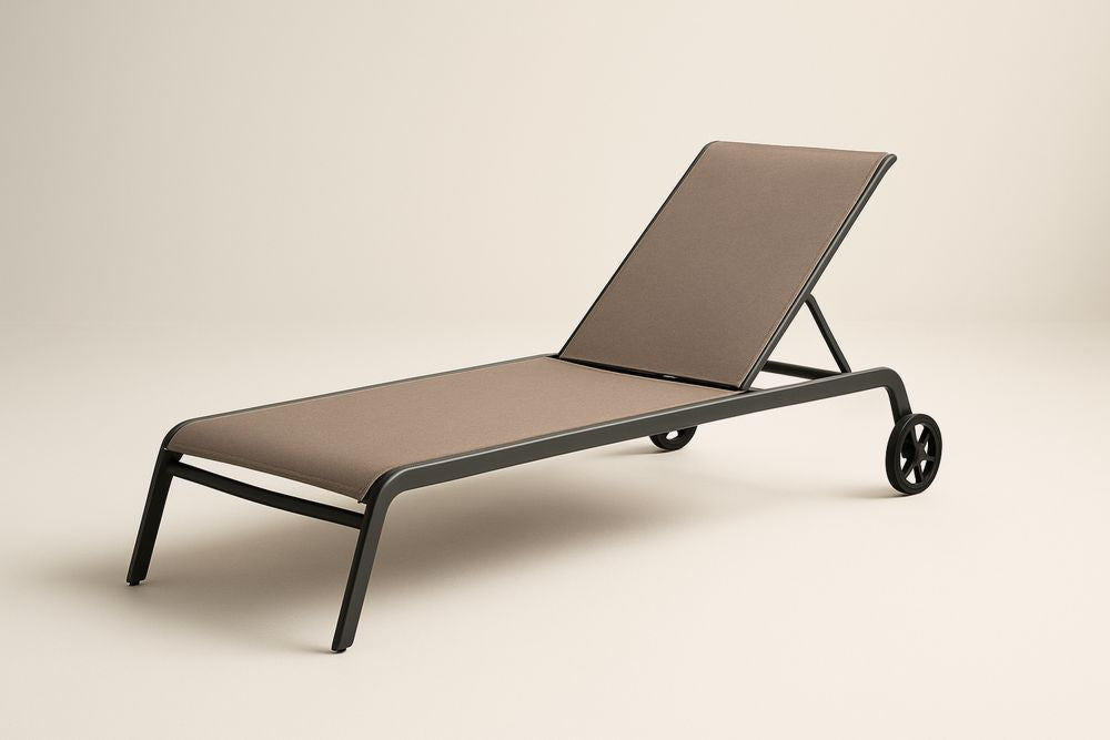 Aluminum Textilene Adjustable Lounge Chair Brown With Wheels For Outdoor Use All Weather Resistant