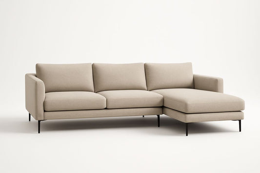 Beige Fabric And Metal Corner Sofa With Solid Wood Frame And High Density Foam Cushions 230 Cm Long 150 Cm Deep