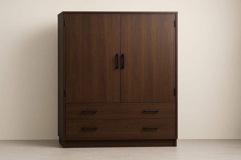 Oak Wood Wardrobe With Doors And Drawers Brown Finish 180 Cm High 120 Cm Wide 55 Cm Deep