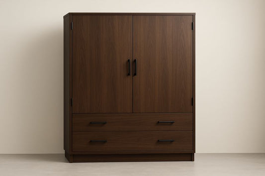 Oak Wood Wardrobe With Doors And Drawers Brown Finish 180 Cm High 120 Cm Wide 55 Cm Deep