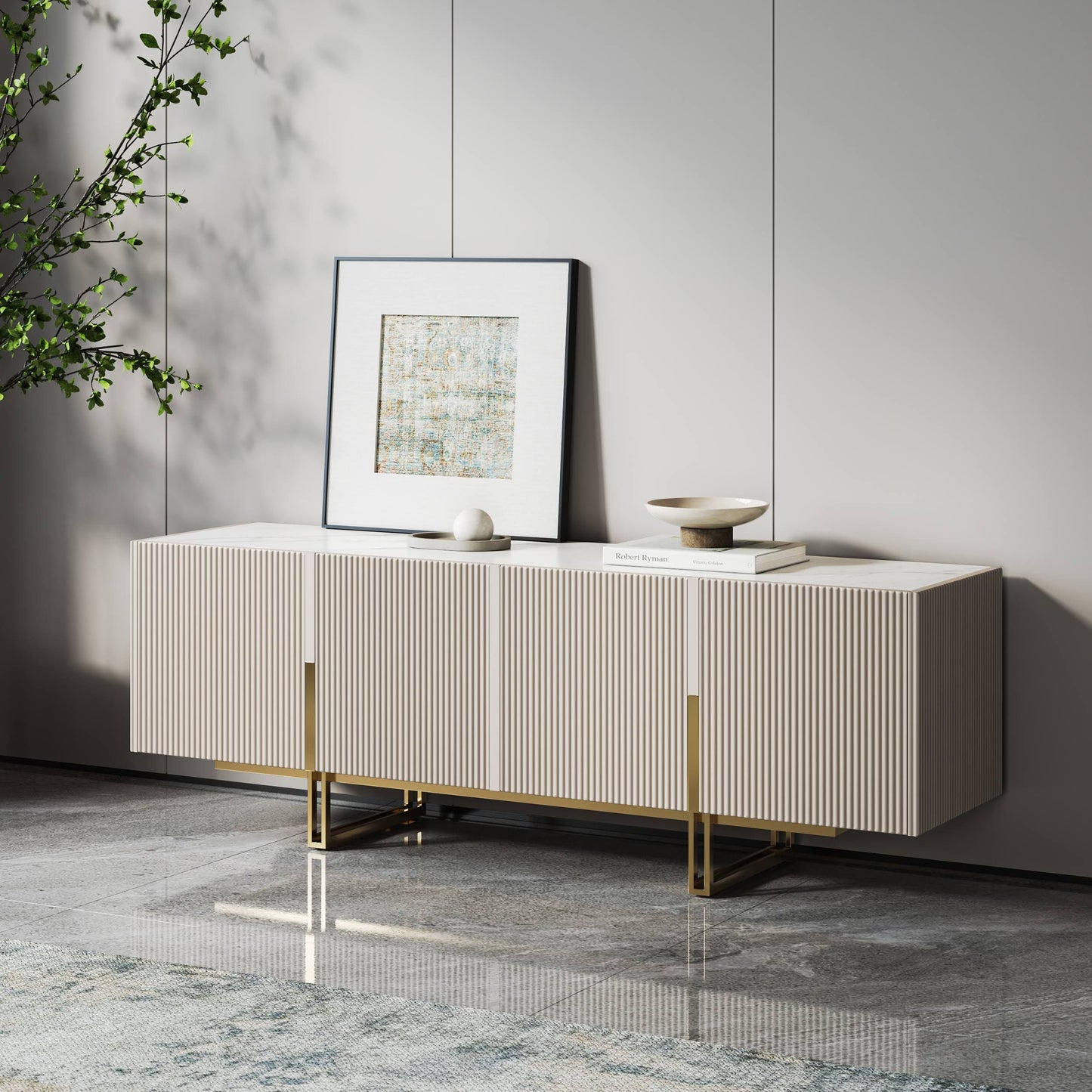 Unbranded Off White Minimalist TV Stand Modern Media Console For Living Room And Entertainment