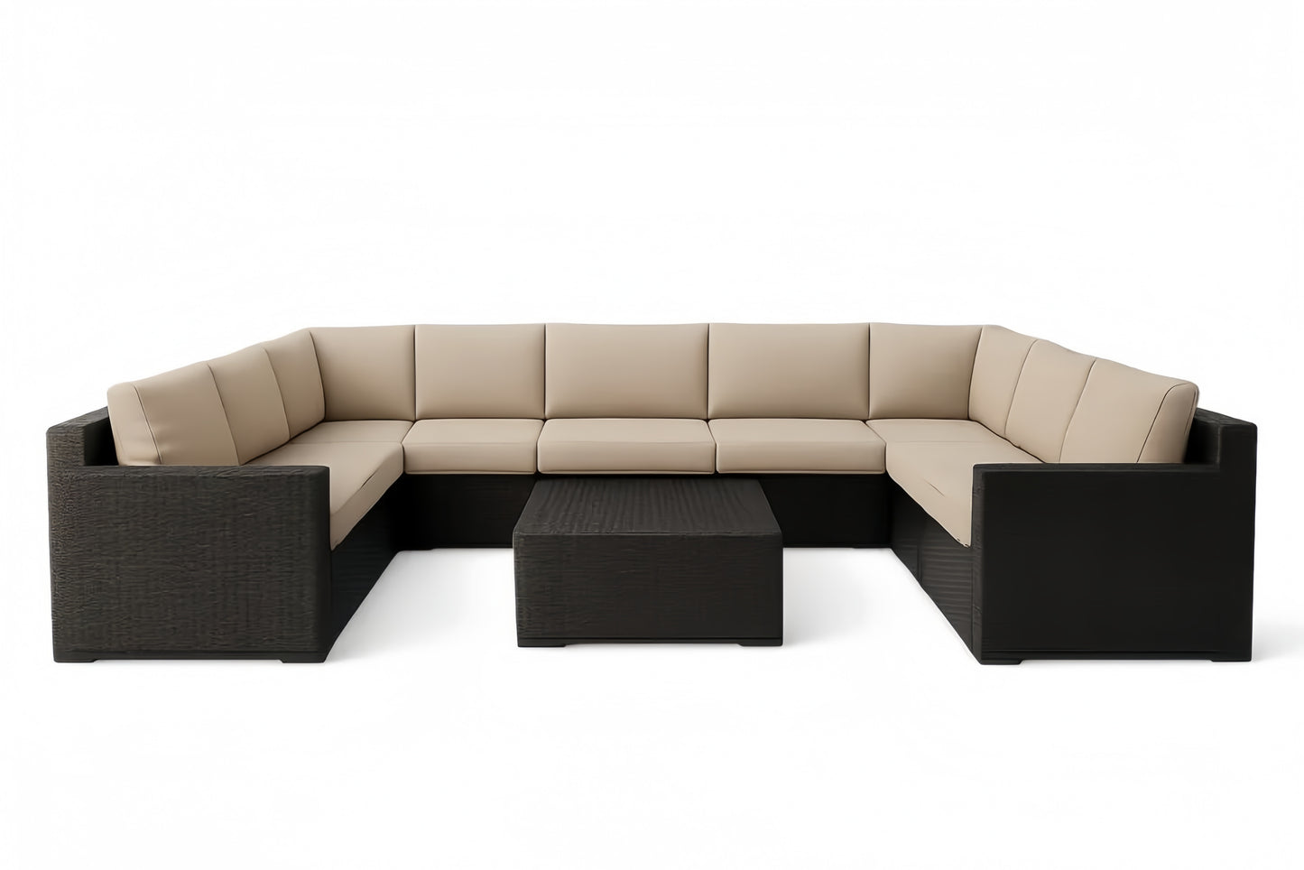 Beige And Brown Resin Wicker Outdoor Corner Lounge Set With Coffee Table 9 Modular Pieces 260x200 cm