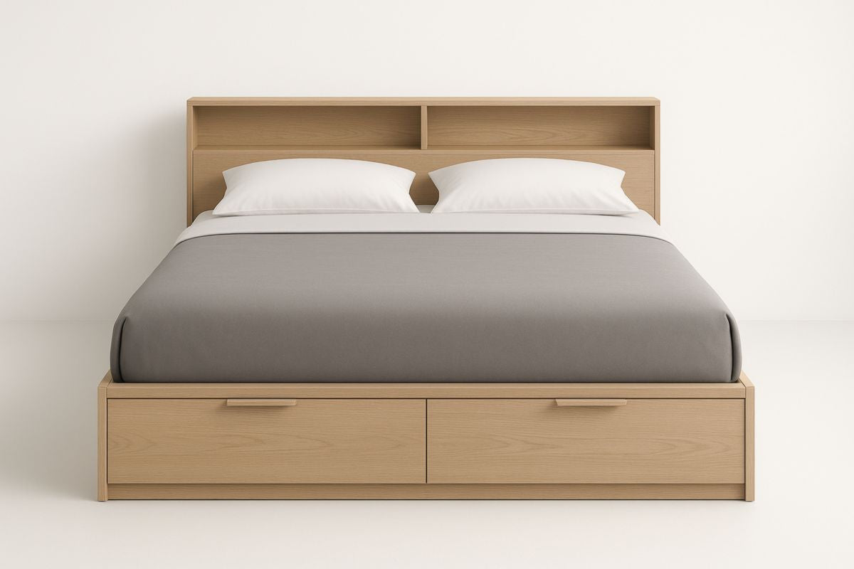 Wooden Double Bed With Light Oak Finish Integrated Headboard Slatted Base And Two Under Bed Drawers 200x160 Cm