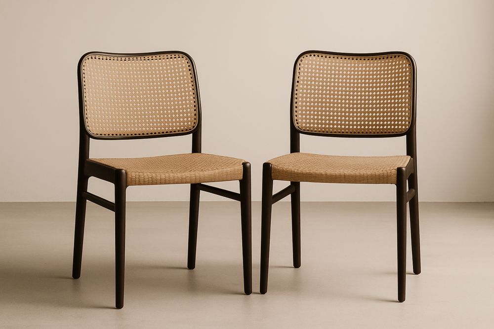 Two Dining Chairs Solid Wood Frame Caned Back Rattan Seat Dark Wood Natural Cane Finish 47 Cm L By 45 Cm W By 85 Cm H