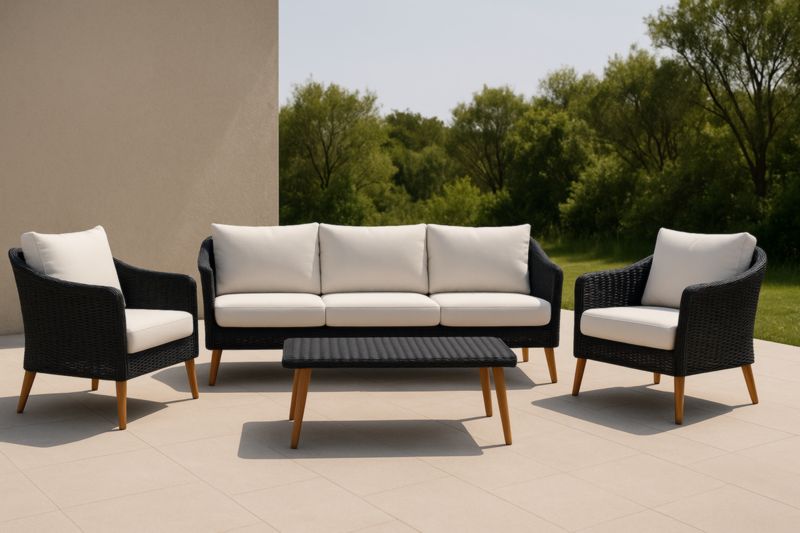 Outdoor Resin Wicker Lounge Set Three Seat Sofa Two Lounge Chairs Coffee Table Black White Aluminum Frame And Cushions