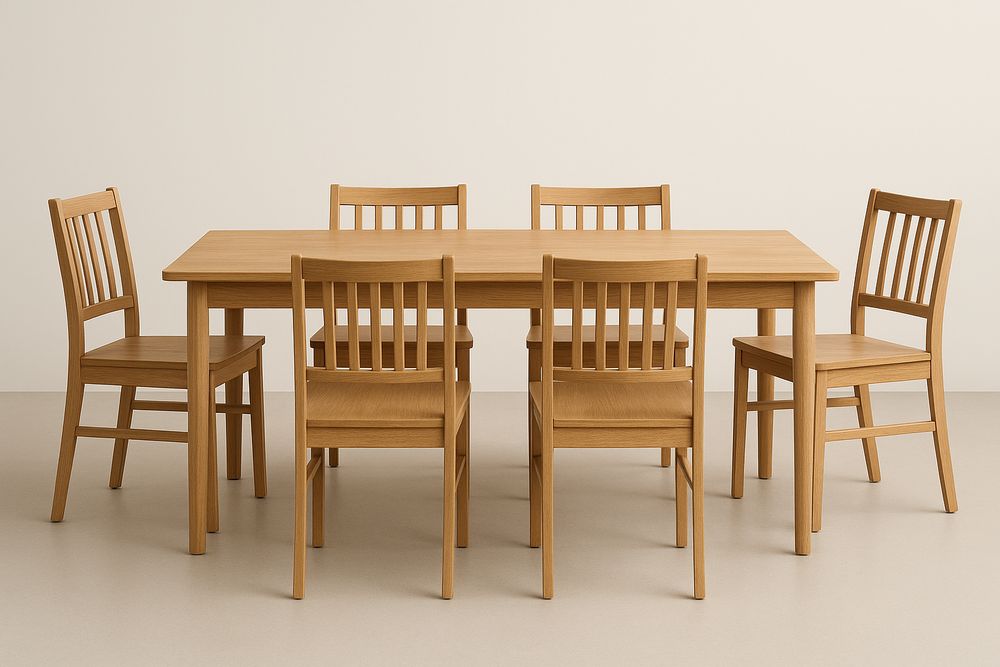 Solid Oak Dining Table Set With Six Chairs In Natural Finish For Large Dining Rooms 180x90x75 cm