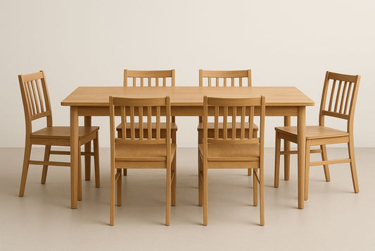 Solid Oak Dining Table Set With Six Chairs In Natural Finish For Large Dining Rooms 180x90x75 cm