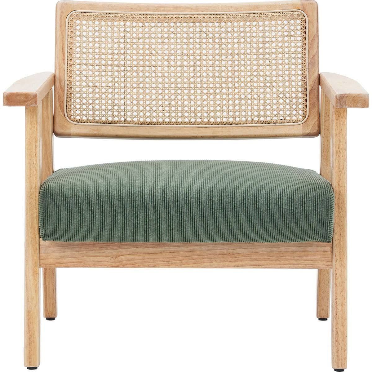 Homifab Green Corduroy Velvet Armchair With Natural Cane Backrest For Living Rooms And Studies