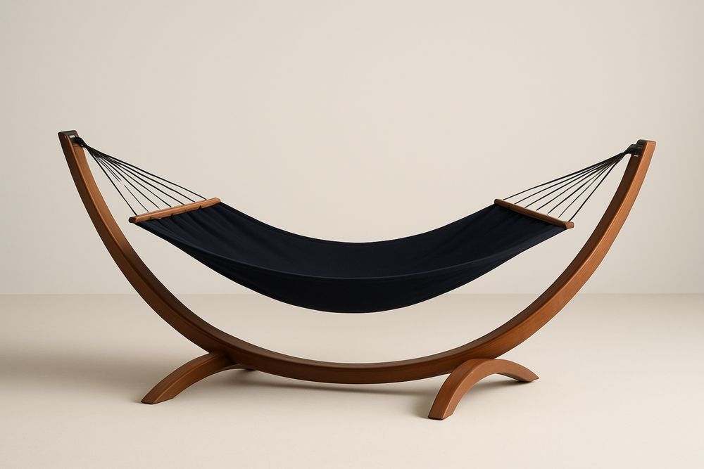 Oak Wood Curved Stand Hammock With Black Polyester Fabric For Outdoor Lounging Experience