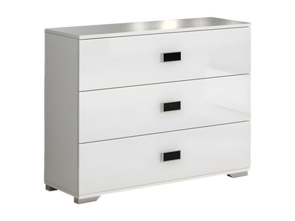 Three Drawer Chest White Lacquer Modern Bedroom Storage Cabinet Durable Panel Based Wood Construction