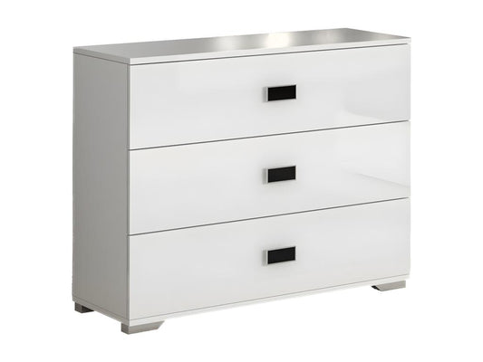 Three Drawer Chest White Lacquer Modern Bedroom Storage Cabinet Durable Panel Based Wood Construction