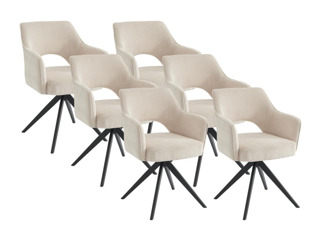 Set of Six Swivel Dining Chairs With Armrests in Cream Corduroy Velvet and Black Metal Base